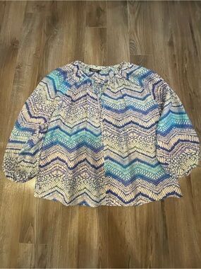 Creation S Blue Aqua Geometric Print Lightweight Blouse Balloon Sleeve